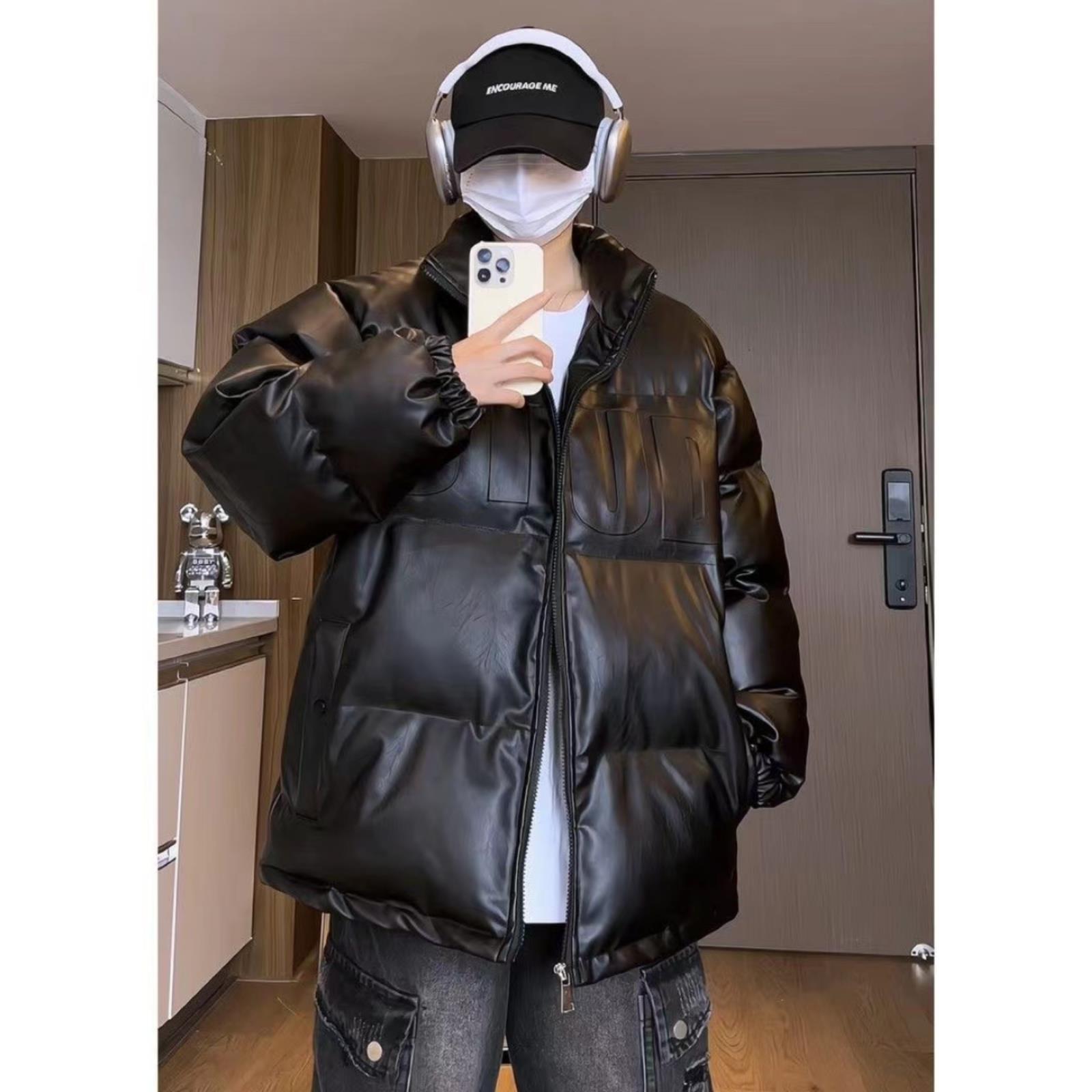 钢印字母pu皮羽绒服男款冬季高级感加厚冬棉服复古立领情侣面包服
