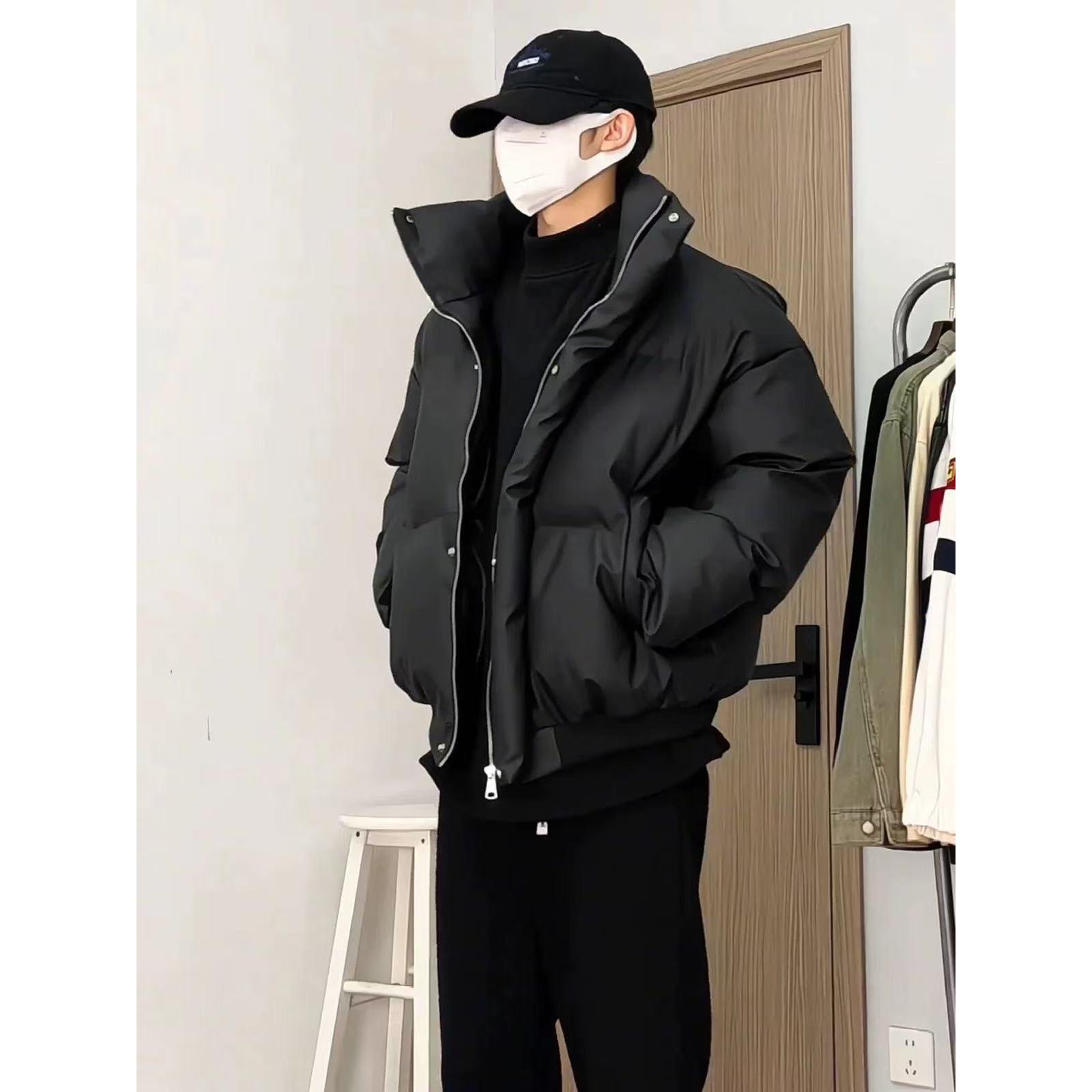 pu皮羽绒服男士冬季美式高街潮牌痞帅棉服短款立领宽松面包服外套