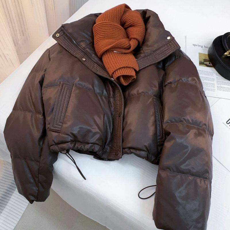 小个子PU皮衣咖啡色羽绒棉服女短款冬季新款高级感面包服外套防水
