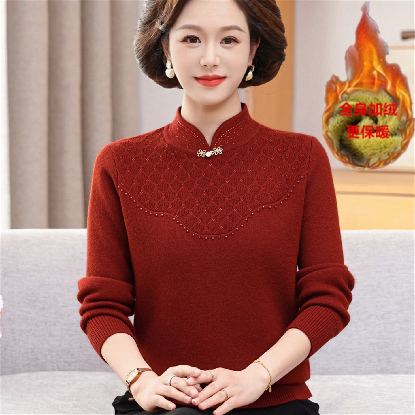 妈妈冬装新中式加绒加厚毛衣