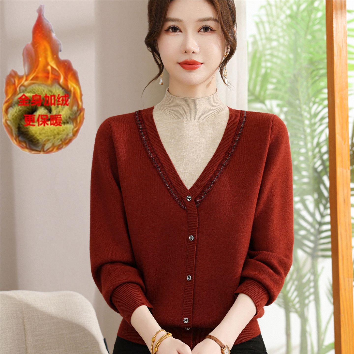 秋冬新款妈妈加绒加厚假两件毛衣