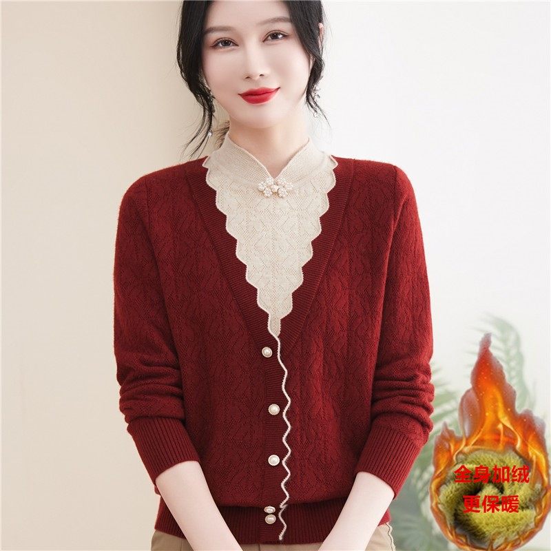 妈妈冬装新款加绒加厚假两件打底