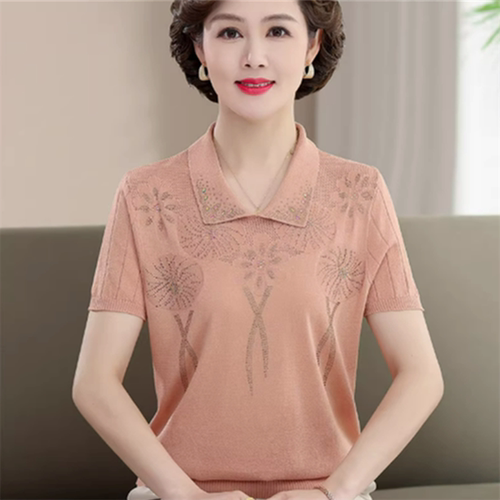 妈妈夏装短袖翻领T恤冰丝小衫