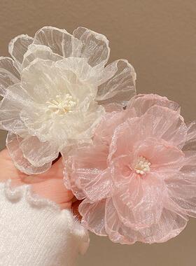 发卡刘海网纱大森系欧根纱花朵发夹女高颜值超仙ins风边夹春夏度