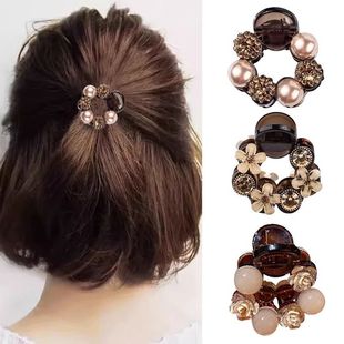 高级感轻奢珍珠水钻抓夹半扎发低丸子头发卡女小号后脑勺头饰发夹