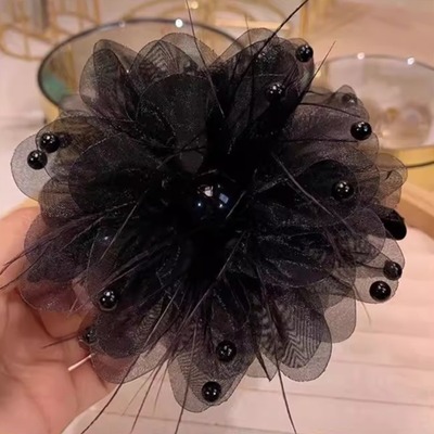 牡丹花羽毛抓夹高颜值轻奢发夹2024新款网红气质后脑勺盘发鲨鱼夹