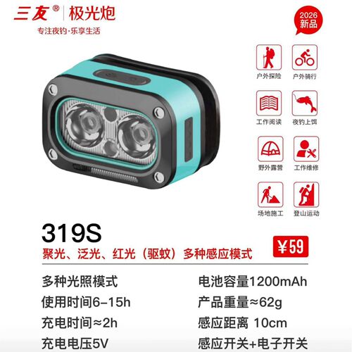 三友2026新品上架 319S头灯 深度防水聚光感应夜钓鱼探照灯激光炮