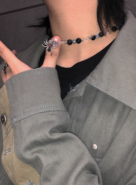 NAZOOM国潮饰品天然黑胆石锁骨暗黑高街镶钻蜘蛛吊坠圆珠项链cvi