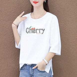 T恤女宽松显瘦印花紫色百搭中袖 圆领五分袖 上衣ins 新款 通勤风夏季