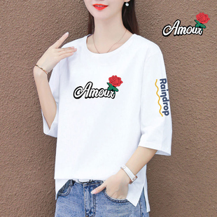 上衣紫色大码 纯棉开叉t恤女五分袖 中袖 新款 体恤 字母宽松2026夏季