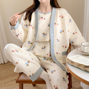 秋冬季 纯棉产后孕妇睡衣哺乳产妇家居服 空气棉月子服三件套春秋款