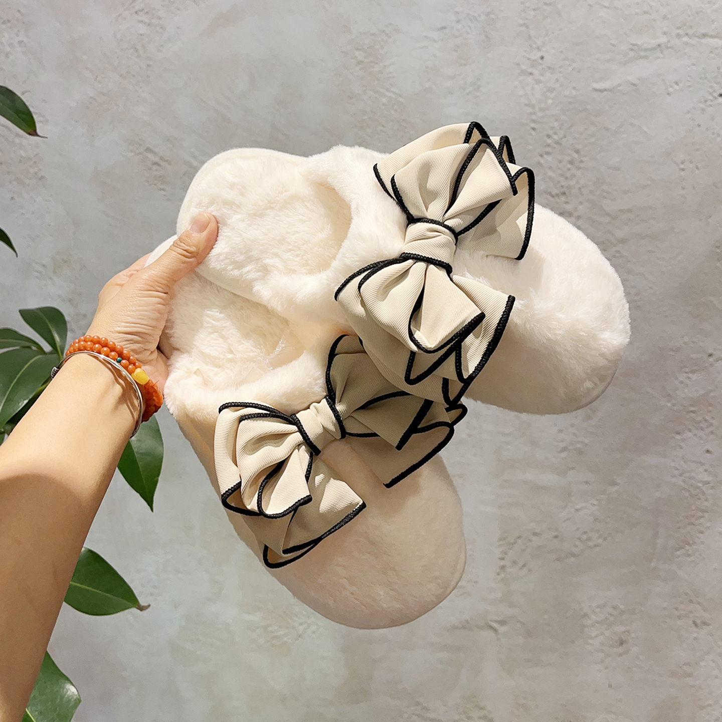 气质法式蝴蝶结毛茸茸拖鞋女士秋冬季室内平底防滑软底保暖棉拖鞋