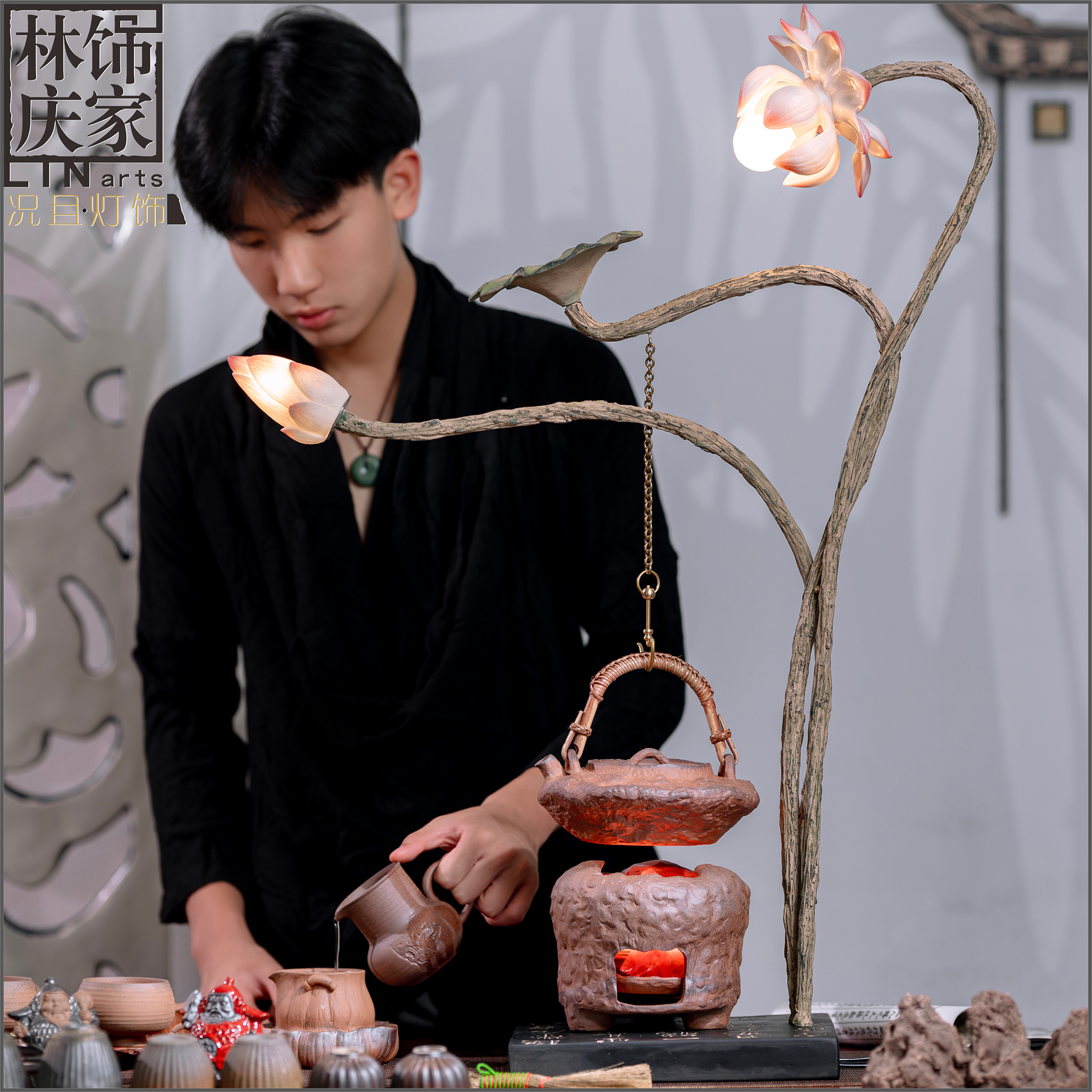 新中式插电荷花台灯提梁壶挂架