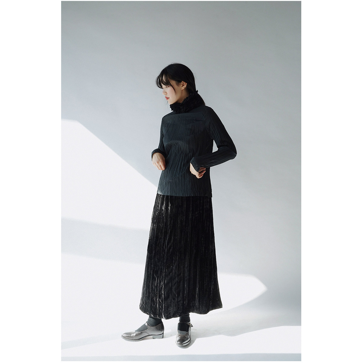 意大利褶皱真丝丝绒半裙