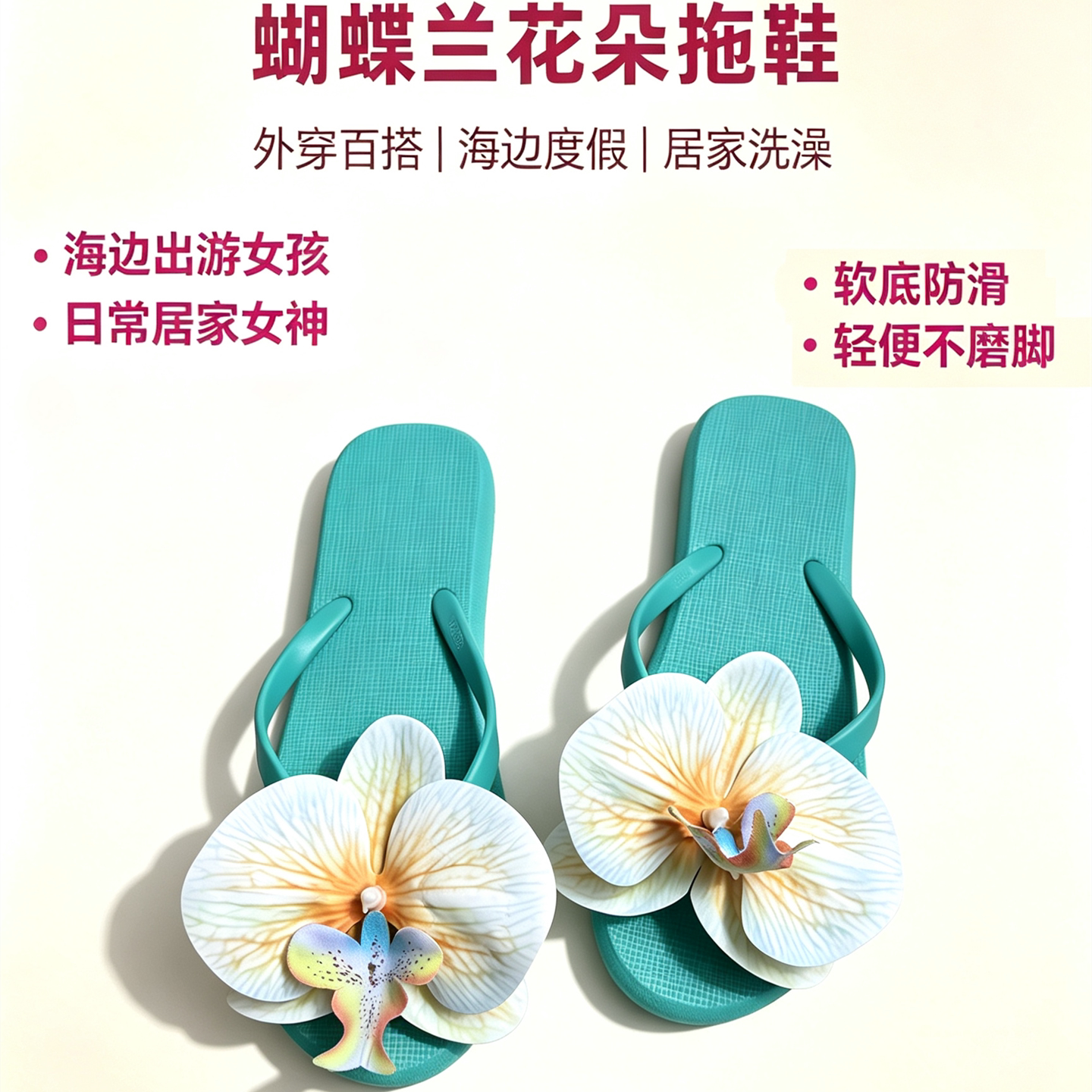 网红湖蓝蝴蝶兰花人字拖女夏高颜值沙滩外穿软底防滑海边度假凉拖