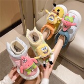 创意新款 卡通可爱海绵宝宝厚底雪地靴女冬款 加绒加厚保暖羽绒布棉