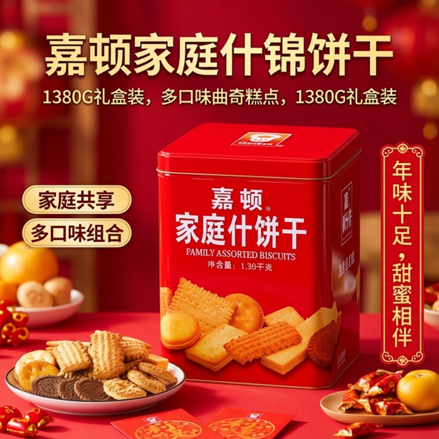 嘉顿家庭什锦饼干1380G礼盒装过年年货团购礼多口味曲奇糕点零食
