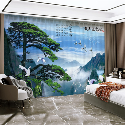 新中式迎客松窗帘风景山水画纱帘