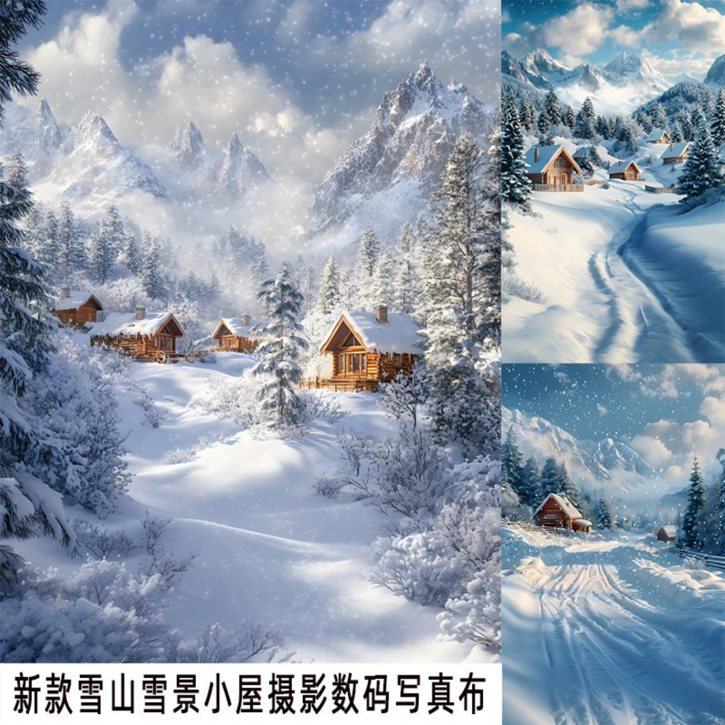 雪景雪地雪山小屋背景布自拍装饰