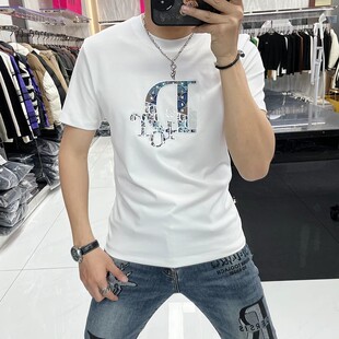 t恤男夏季 体恤衫 圆领烫印字母新款 潮流半袖 修身 欧洲站丝光棉短袖