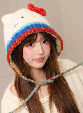 正版Hellokity凯蒂猫耳朵针织毛线帽女保暖护耳帽少女毛绒帽子
