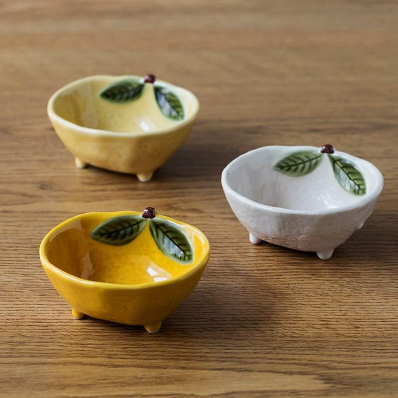 日本进口濑户烧手绘柚子三足小钵日式酱料碟调味醋碟小菜碟调料碗