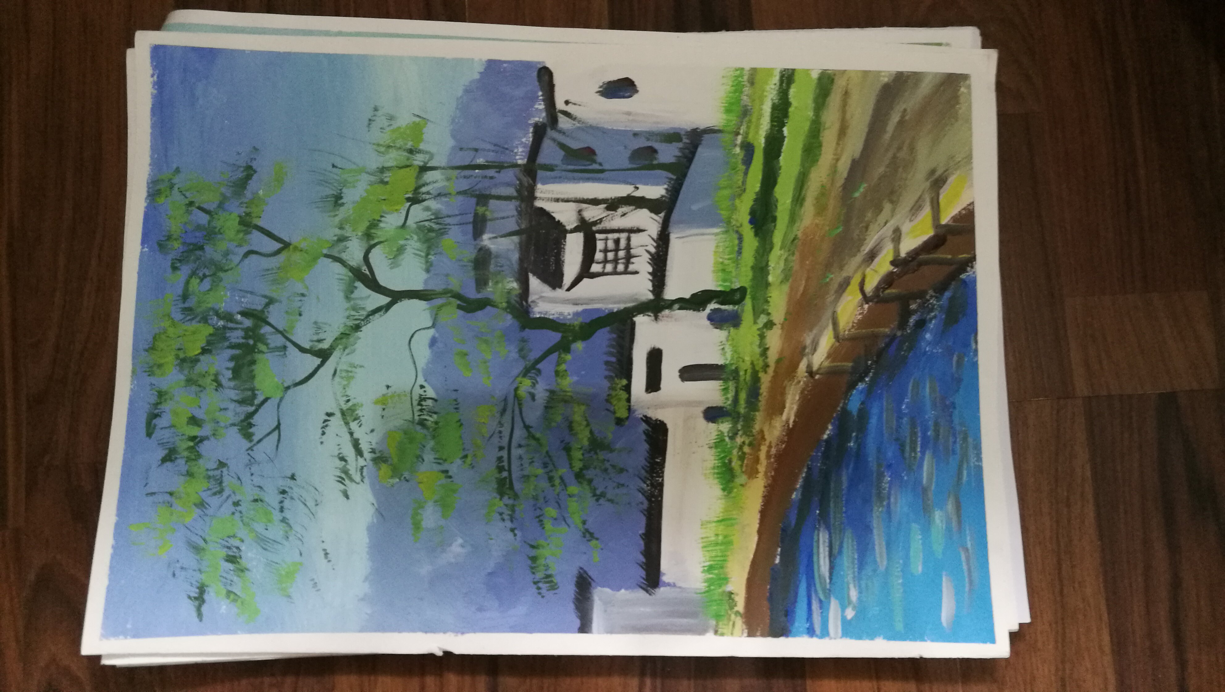 手绘风景色彩代画古镇婺源水粉写生速写水粉包邮水粉画古镇 代画