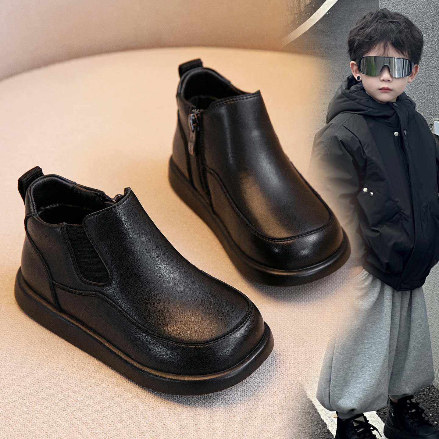 男童马丁靴软底短靴加绒二棉皮靴