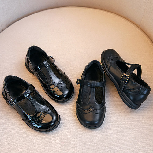 女童公主鞋黑色牛皮鞋漆亮皮软底
