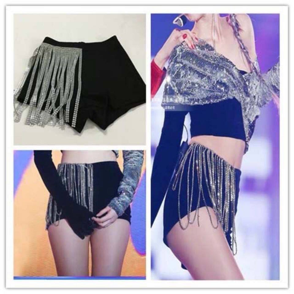 Blackpink金智妮jennie同款亮片流苏高腰修身黑色显瘦性感短裤
