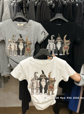 2026年夏季新款韩版设计感卡通印花圆领抽褶短袖垫肩T恤上衣女