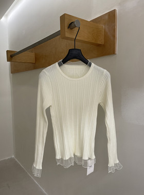 Hhh 2026年春季新款韩版设计感蕾丝花边拼接针织打底衫T恤女上衣