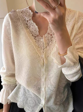 Hhh 2025年冬季新款韩版宽松设计感提花蕾丝拼接长袖开衫上衣女潮