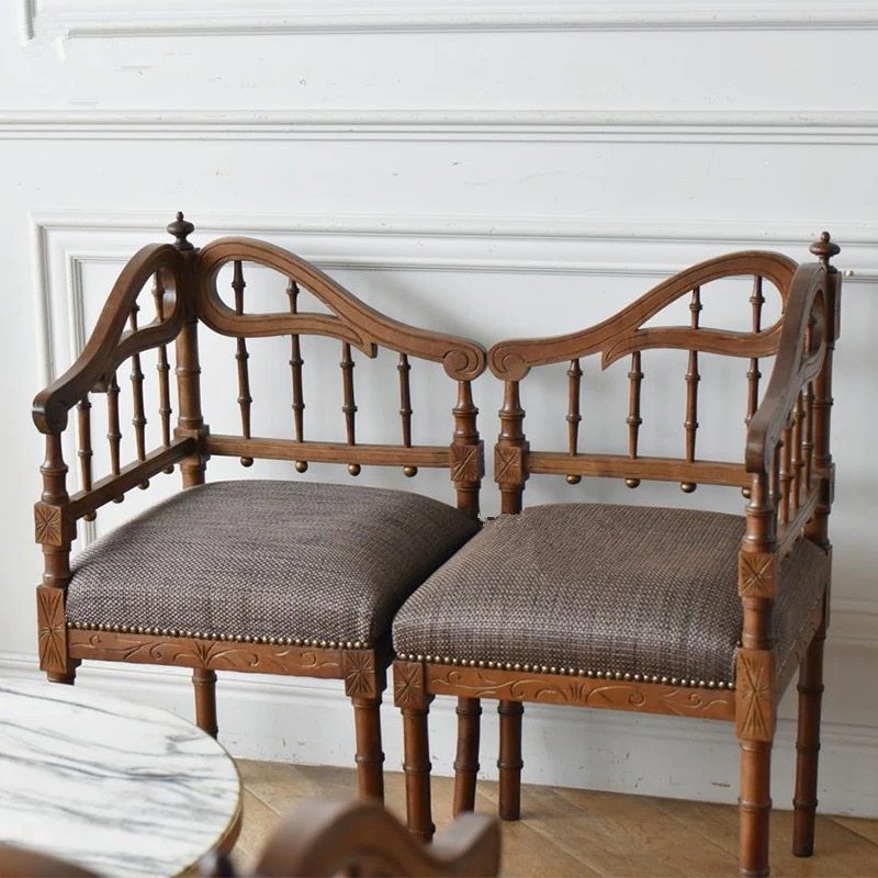 法式高端定制美式实木中古复古做旧罗马柱餐椅梳妆椅设计师椅