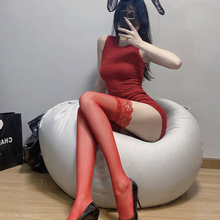 红色袜性感纯欲蕾长筒袜大腿袜半截黑渔网袜薄款 过膝袜
