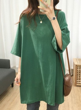 韩版新款墨绿色中长款短袖T恤女夏季纯棉宽松加大码200斤胖mm半袖