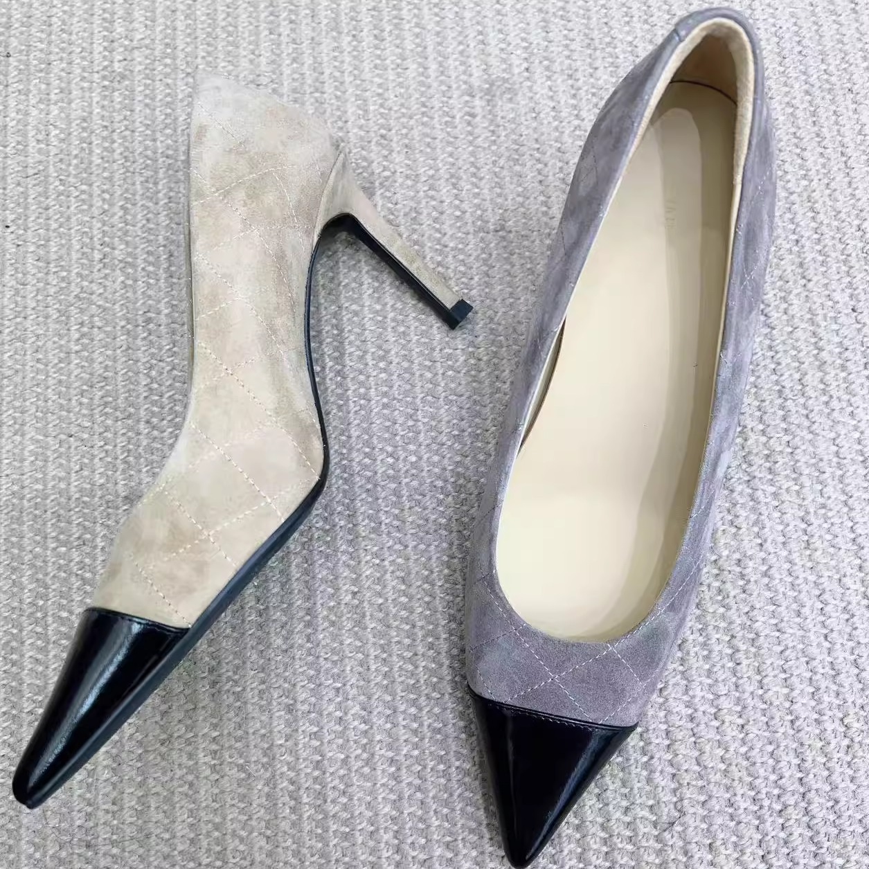 防滑鞋底牛磨砂皮内羊皮格子纹女鞋子女单鞋高跟鞋尖头细跟女鞋