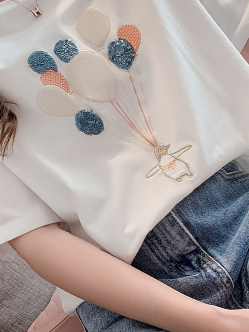 白色短袖t恤女宽松韩版2020春夏新款女装卡通刺绣学院风打底体恤