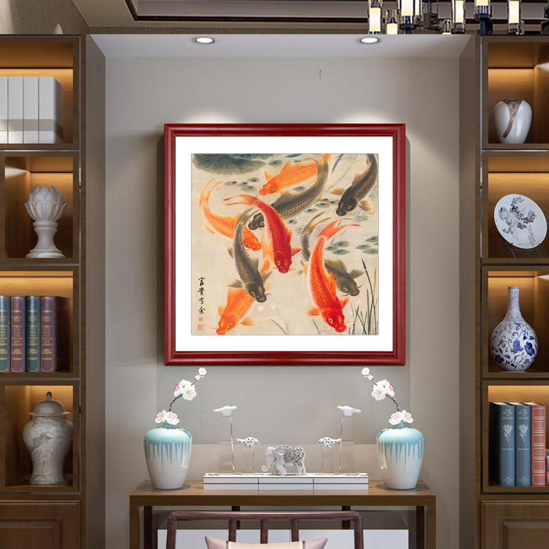 九鱼图餐厅挂画客厅鲤鱼锦鲤招财风水画中式餐厅正方形玄关装饰画