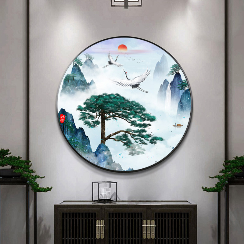 迎客松壁画新中式入户玄关装饰画圆形进门画客厅挂画松鹤延年画_虎窝淘