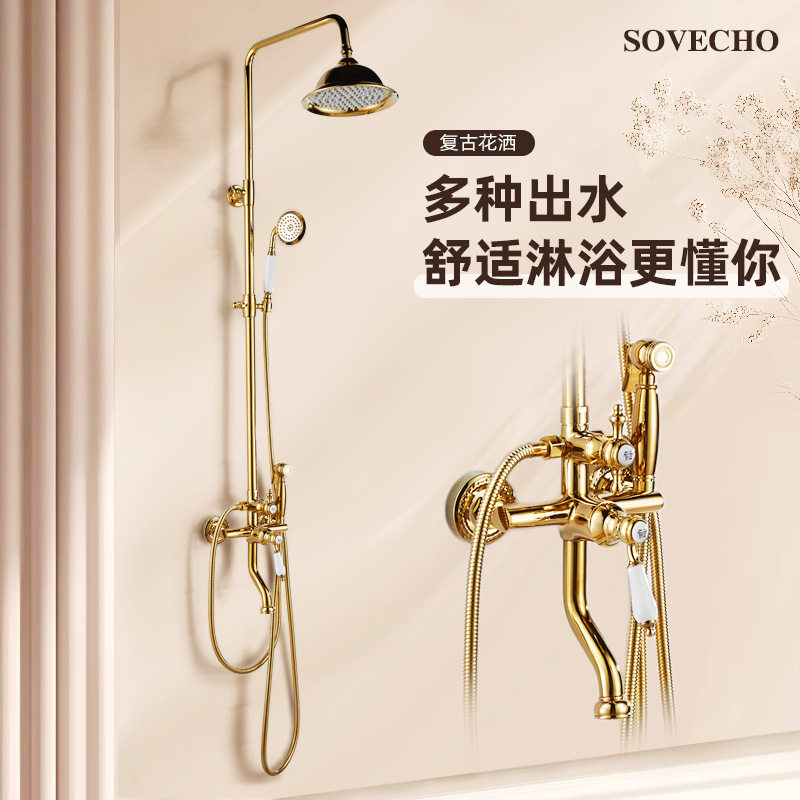 黄铜轻奢法式金色淋浴可升降花洒套装单把欧式冷热复古淋浴带