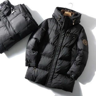 新款高级户外防风蓬松90白鸭绒加厚抗寒保暖中长款连帽羽绒服男士