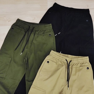 全棉斜纹纯色松紧腰工装裤休闲裤