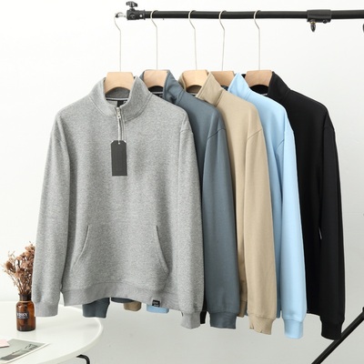 日系全棉毛圈休闲半拉链立领卫衣