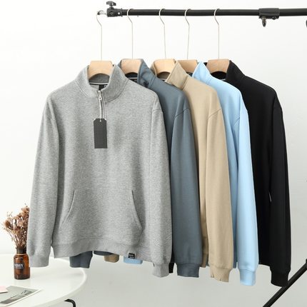 外贸原单日系全棉毛圈半拉链立领纯色时尚休闲卫衣外套男春秋0901