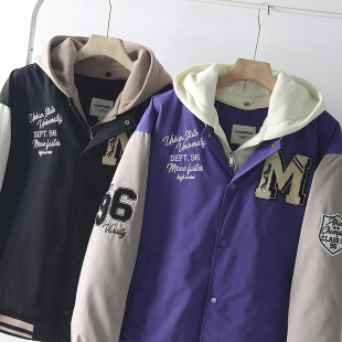 外贸原单撞色贴布刺绣假两件棒球领连帽绗棉棉服棉衣外套男冬0903