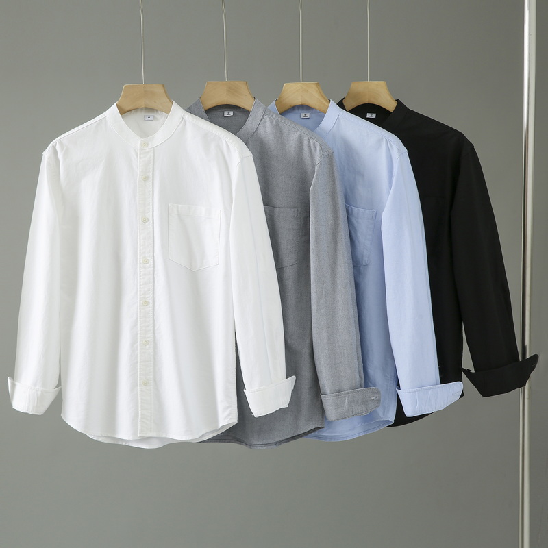 全棉牛津纺纯色休闲长袖无领衬衫
