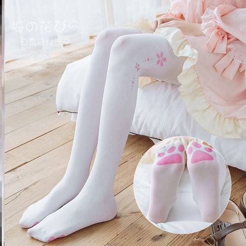 猫脚印长筒日系可爱风动漫白丝袜