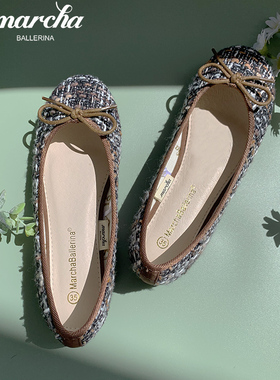 2021年夏季marcha芭蕾舞鞋浅口女鞋棕色平底鞋圆头单鞋蝴蝶结瓢鞋