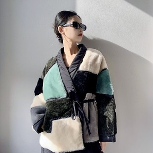 撒琪尔A 撞色拼接皮毛一体宽松设计师 级羊毛皮草外套女2024冬新款